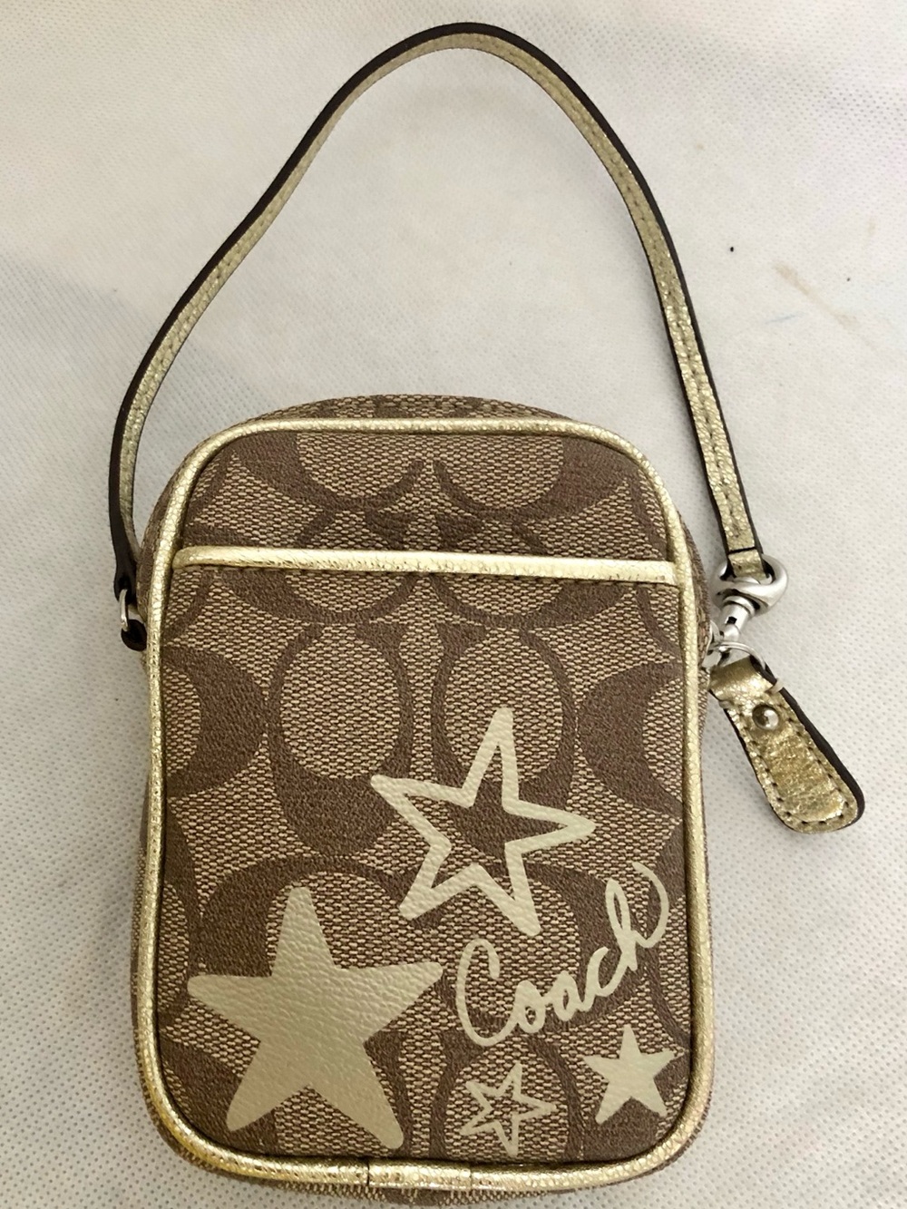 Vintage Coach Brown Signature Canvas Gold Star Print Leather Trim Wristlet Pouch